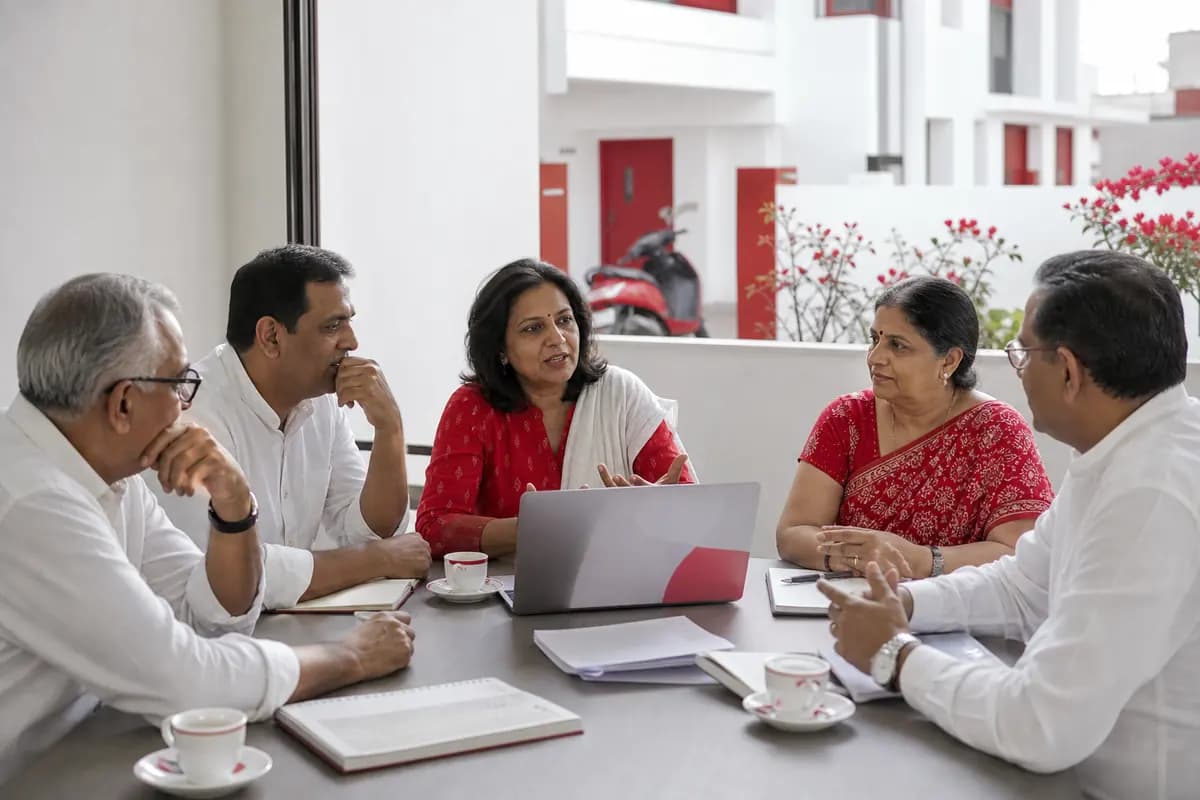 A society committee meeting around a laptop