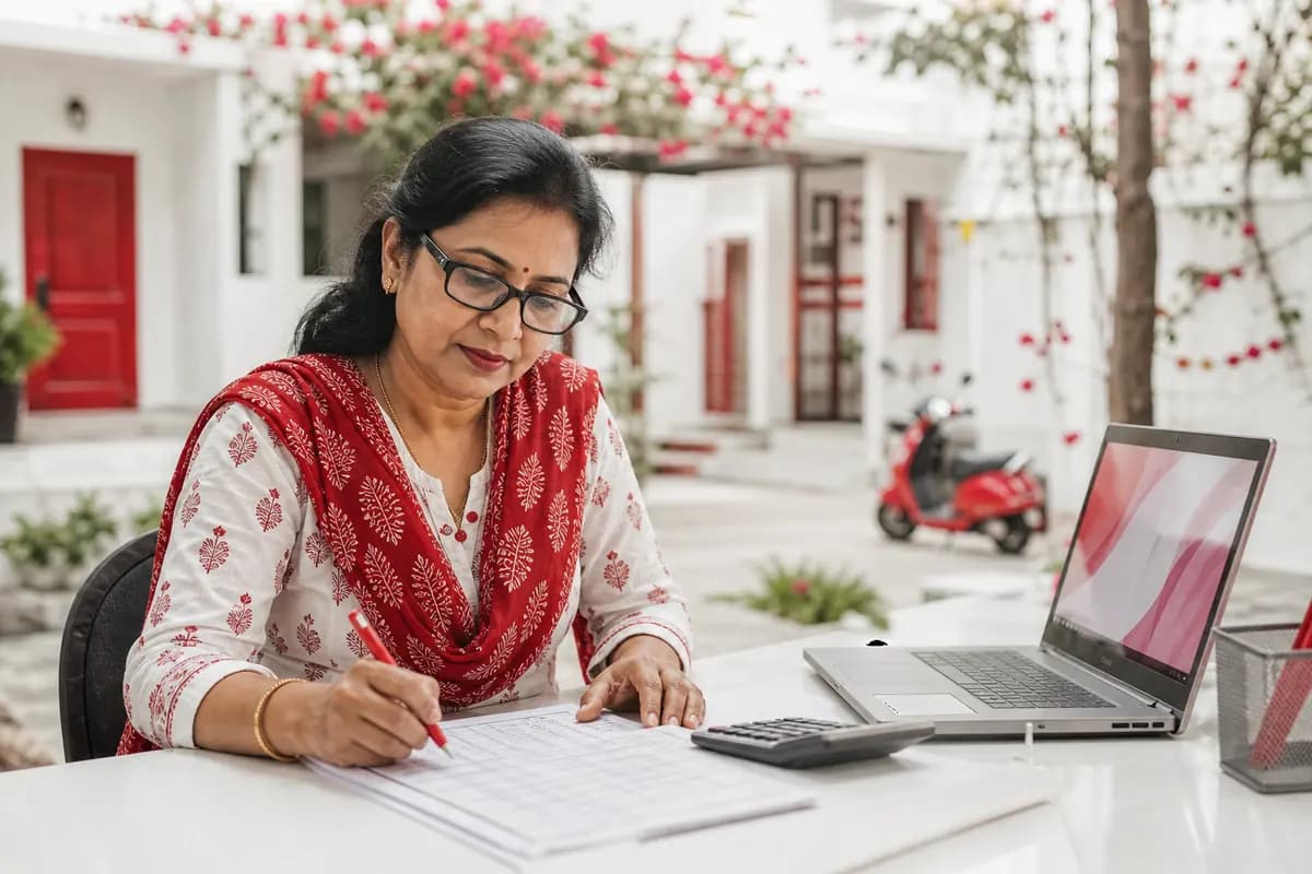 An accountant working on the society books with a ledger and calculator