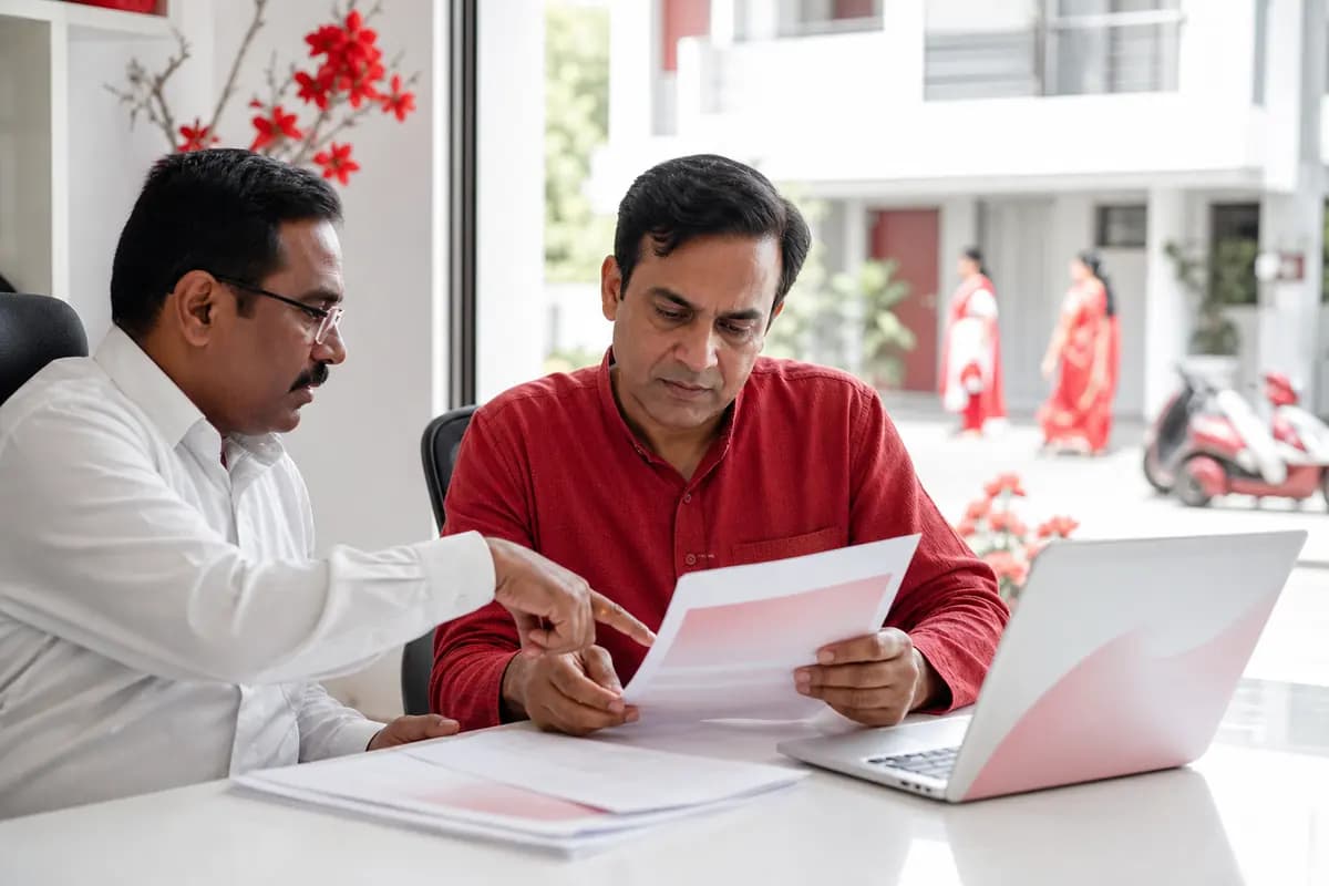 Two committee members reviewing printed maintenance invoices beside a laptop
