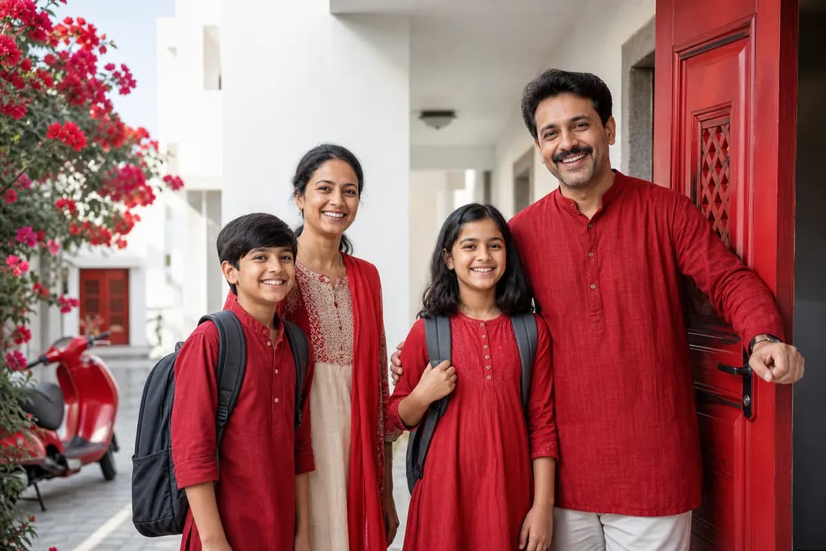 A family of four smiling at the red front door of their apartment