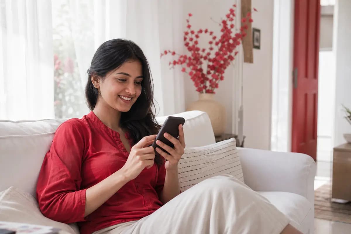 A woman on a white sofa smiling as she pays a bill on her phone