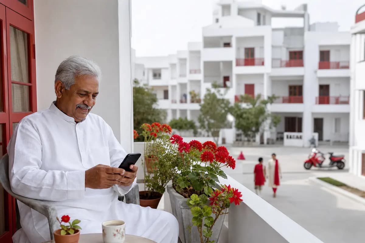 An older man on his balcony looking at his phone with a reassured smile