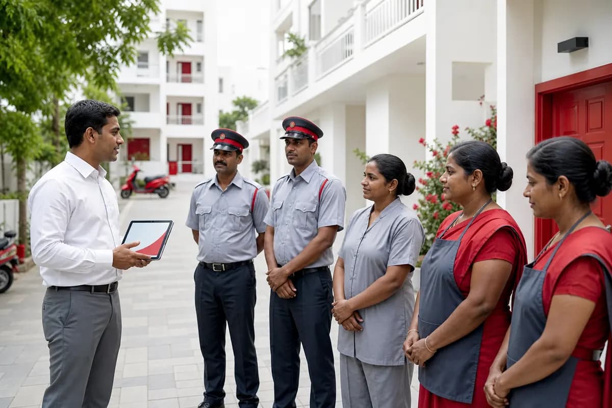 A supervisor with a tablet briefing guards and housekeeping staff